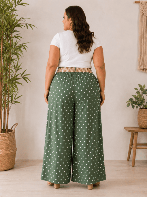 Pantalon à pois avec ceinture MAYA vert àpois blanc