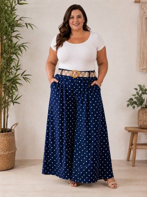 Pantalon à pois avec ceinture MAYA bleu marine
