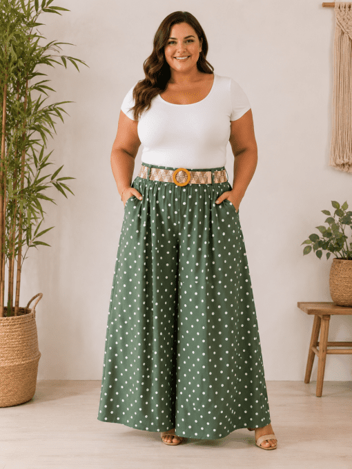 Pantalon à pois avec ceinture MAYA vert àpois blanc